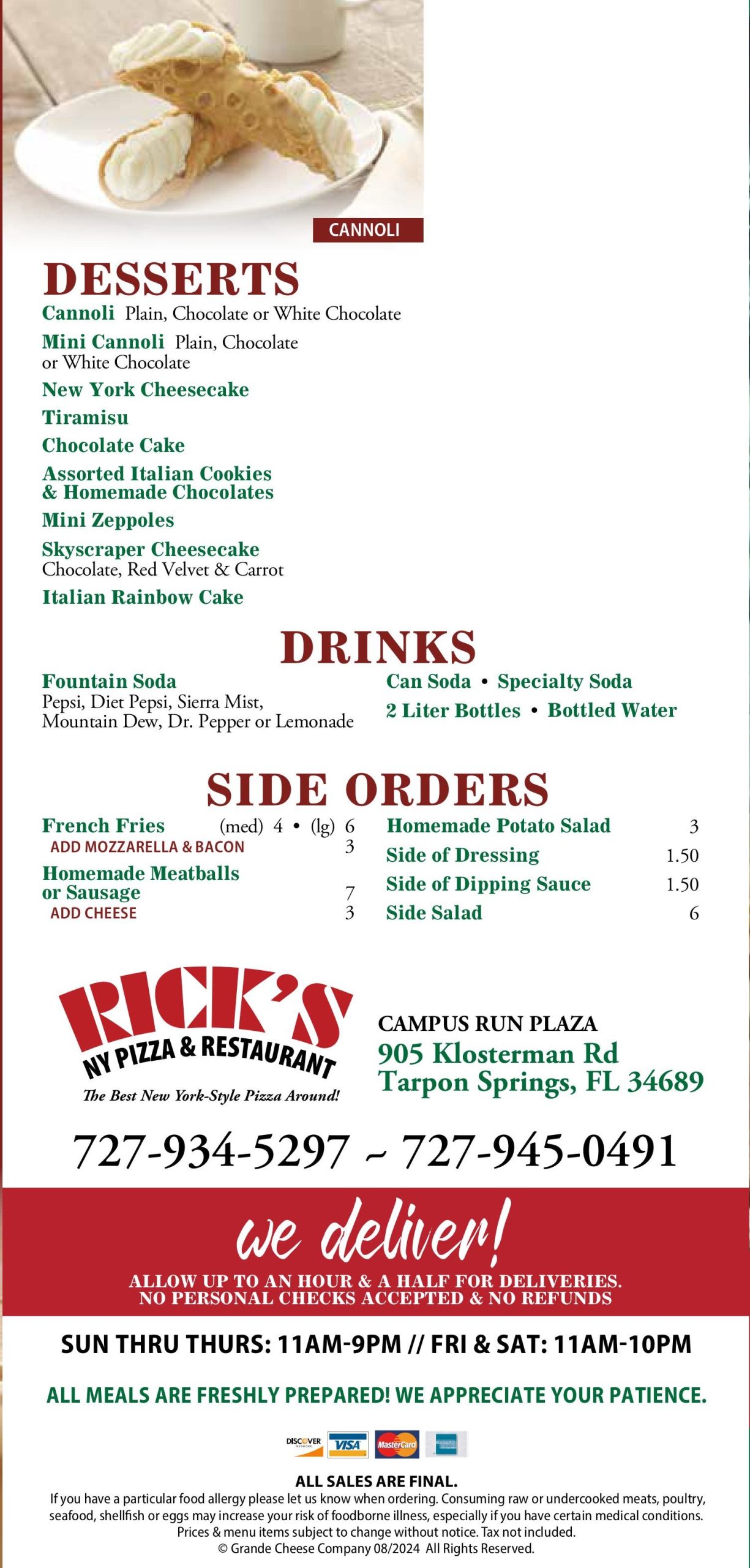 Ricks NYS Pizza - Tarpon Springs Menu